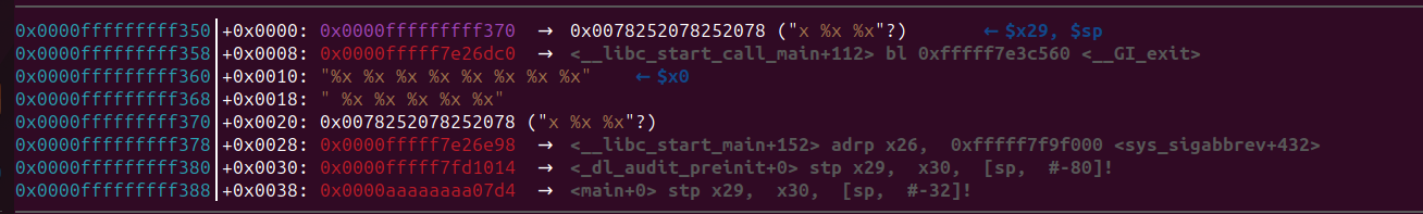 Stack top value matching the eighth leaked value from format string output
