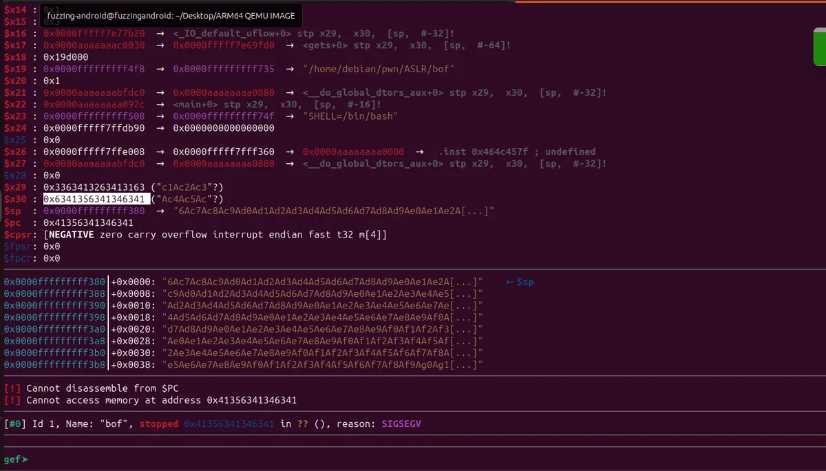 GDB crash showing pattern value in registers after overflow