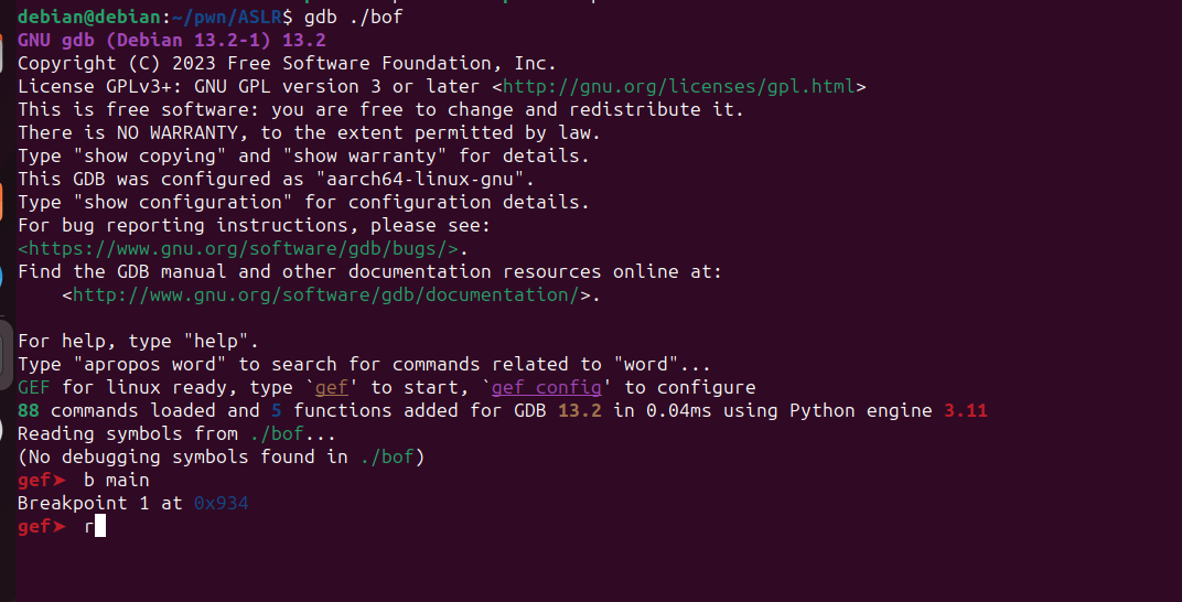 GDB breakpoint hit at main function in the vulnerable binary
