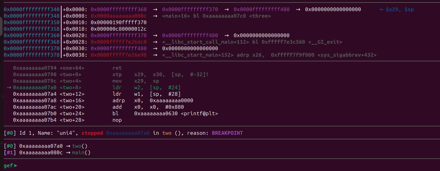 Breakpoint hit at function two showing ldr instructions