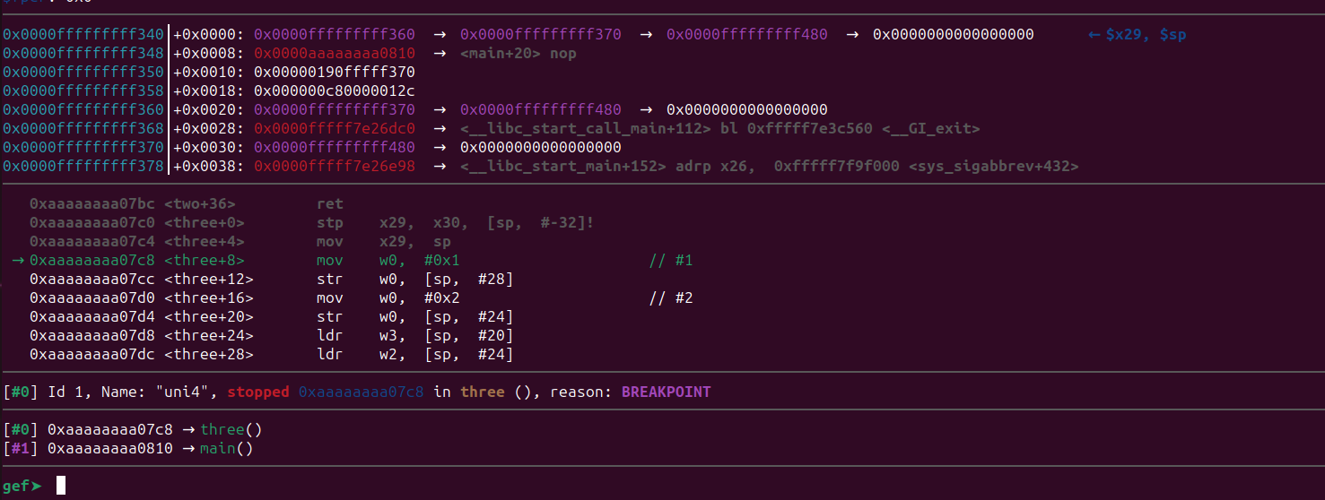 Breakpoint at function three showing mov and str instructions
