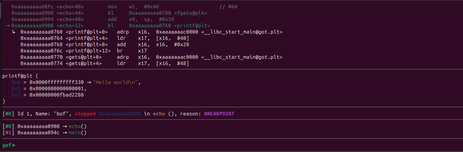 Breakpoint triggered before printf with GEF context displayed