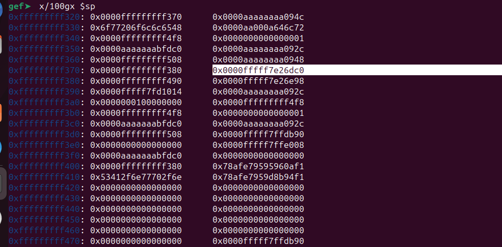 Stack memory dump showing potential libc address at 0xfffff7e26dc0