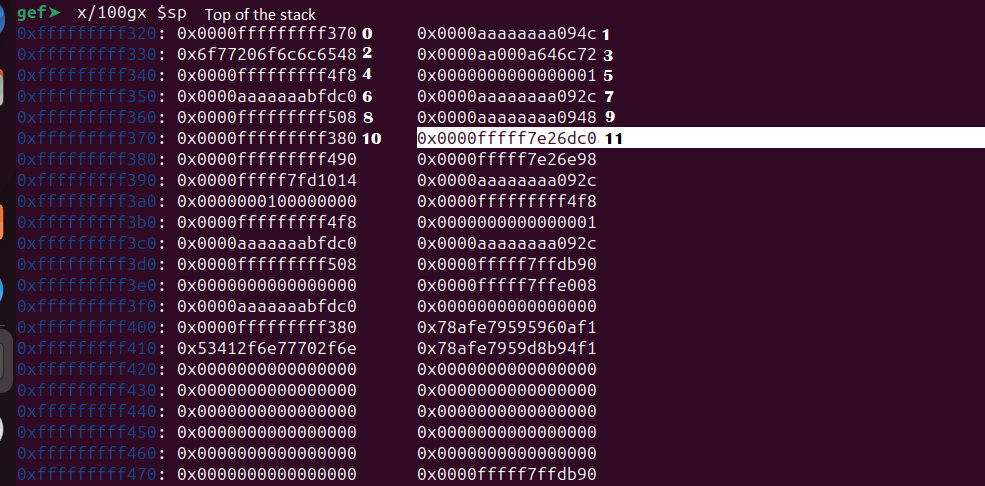 Stack positions annotated from 0 to 11 showing leaked address location
