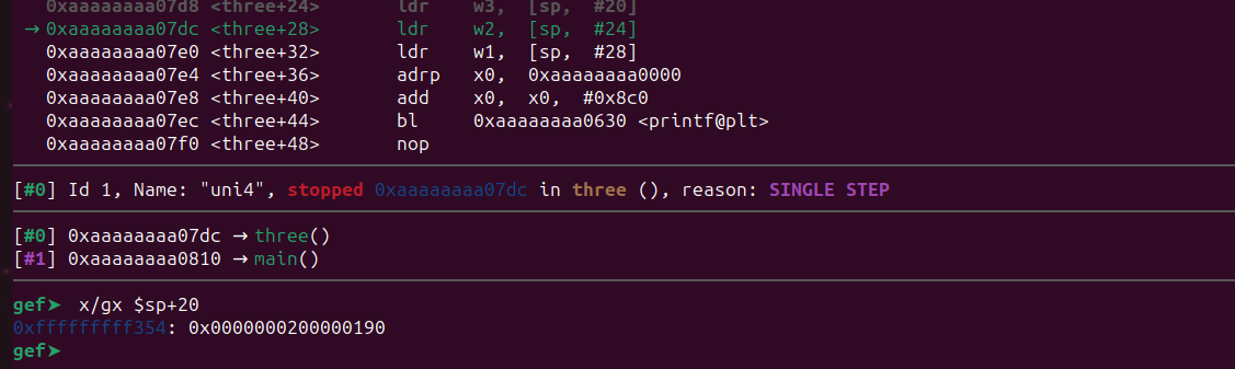 Memory at sp+20 still containing value 400 from function one