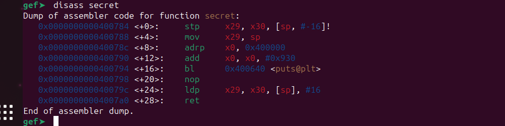 GDB showing address of secret function for the exploit payload