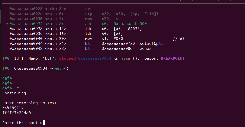 Using %19$llx to leak the libc address at position 19