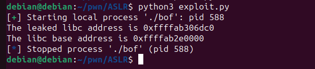 Script output showing both leaked libc address and calculated base address