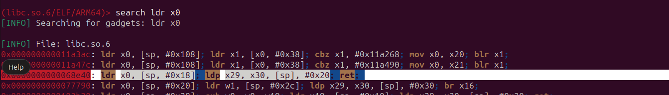 Ropper search results for ldr x0 gadgets in libc