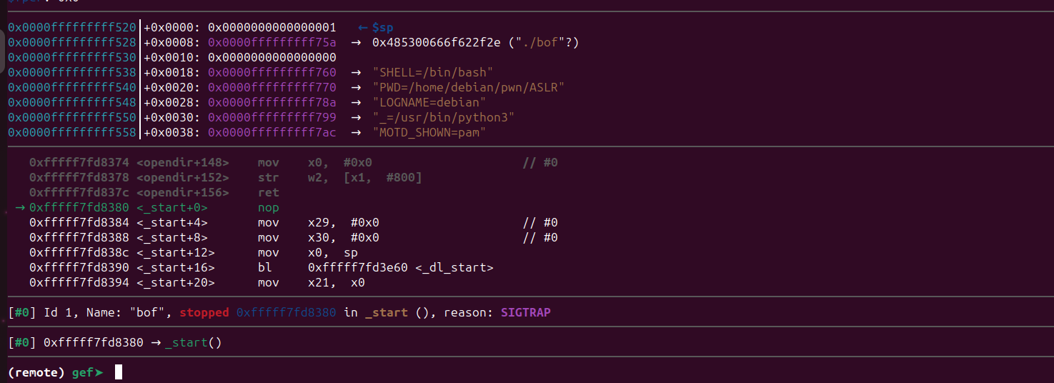 GEF remote debugging session connected to localhost port 5555