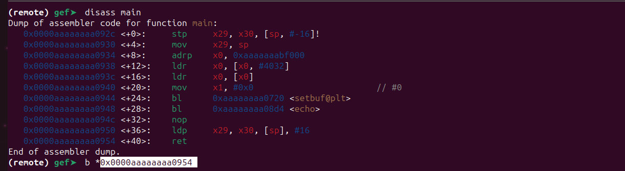 Breakpoint set at ret instruction of the echo function