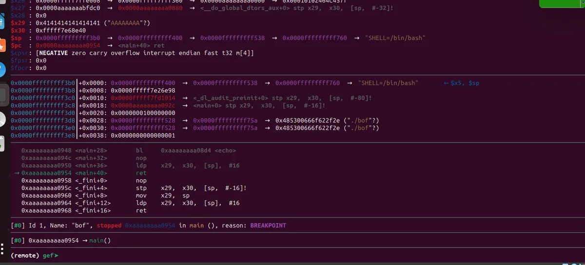 Breakpoint hit at ret instruction with stack showing ROP gadget address