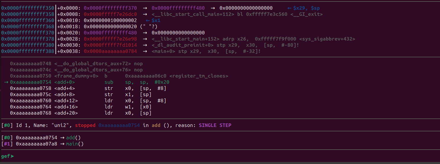 GDB stepping inside the add function using si command