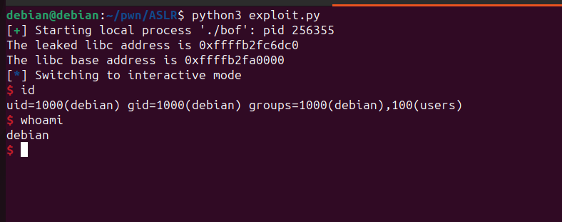 Final exploit script output spawning a shell with ASLR and NX bypassed
