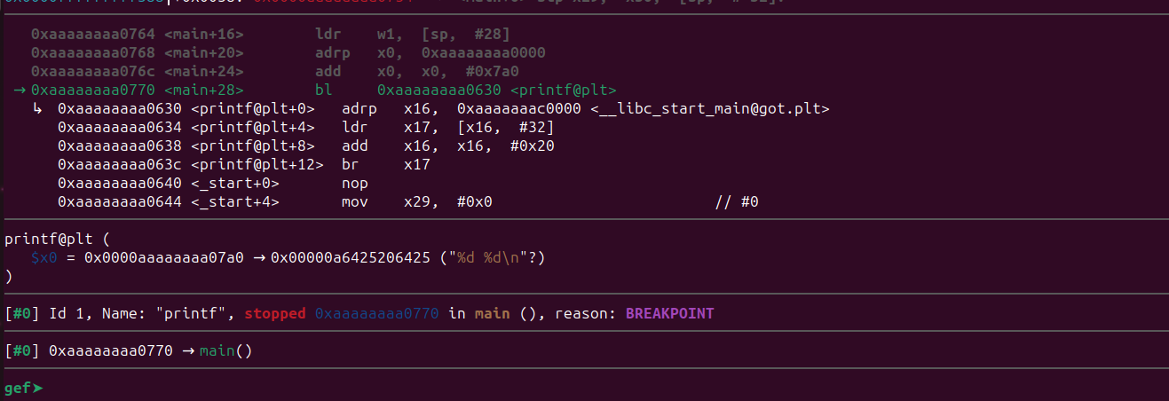 GDB breakpoint triggered at printf with register state visible