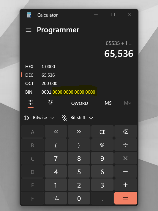 Calculator showing 65536 in binary with 17 bits and rightmost 16 bits all zeros