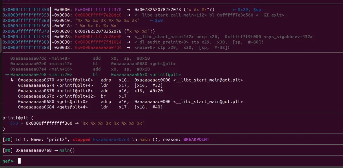 GEF register state showing x0 pointing to format string with eight specifiers
