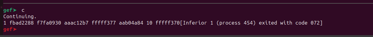Program output showing eight leaked hexadecimal values from format string