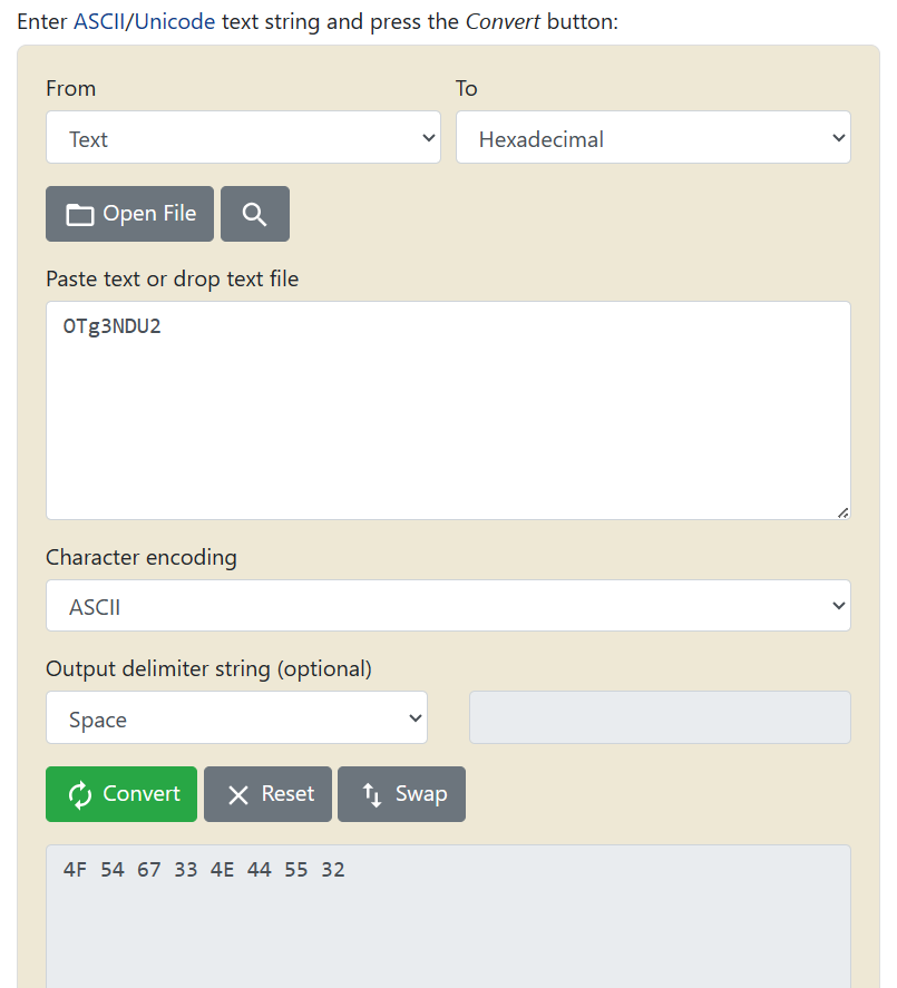 RapidTables ASCII to hex converter showing hex values for OTg3NDU2 string