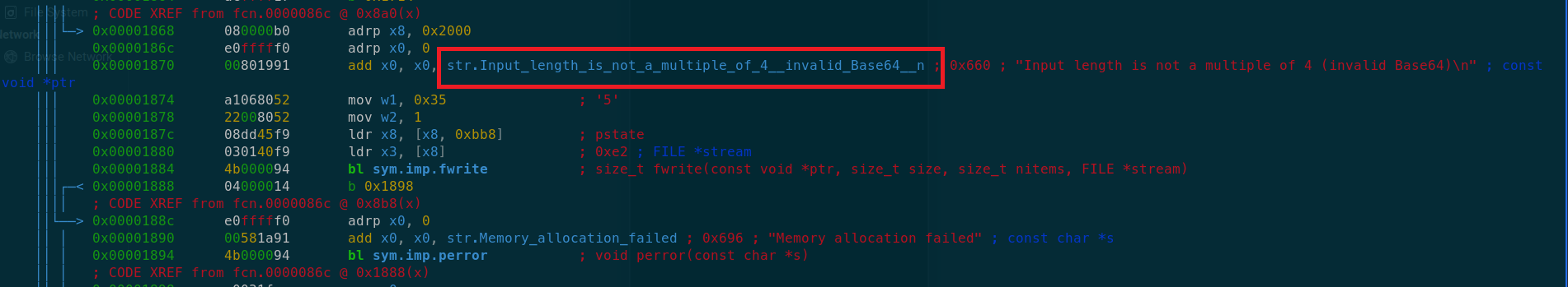 Radare2 output at offset 0x1870 showing invalid base64 string indicating base64 encoding in the function