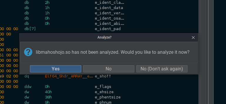 Ghidra analysis confirmation dialog asking whether to analyze the imported binary