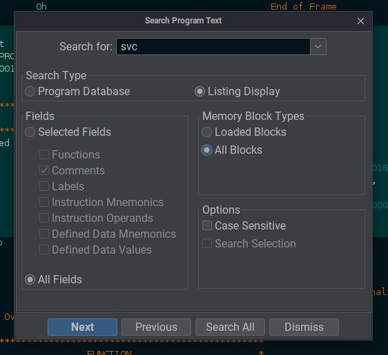 Ghidra search dialog set to find SVC instructions across all fields and blocks