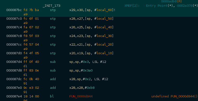 Ghidra exports list showing INIT_173 initialization routine at offset 0x87bc