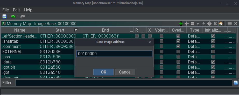 Ghidra memory map showing image base address set to 100000 before modification