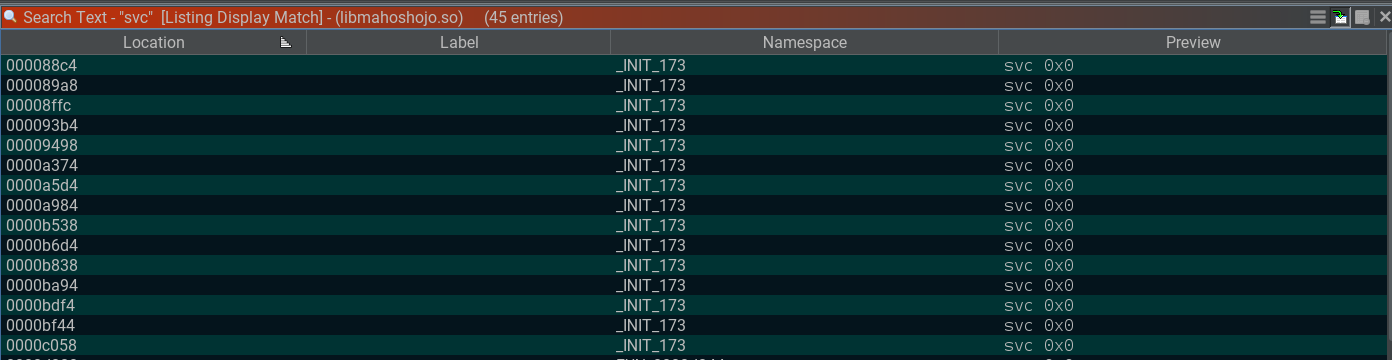 Ghidra SVC search results with corrected offsets after setting image base to 000000