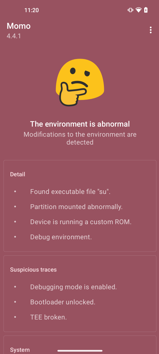 Momo app dashboard showing abnormal environment detections including root and SELinux status