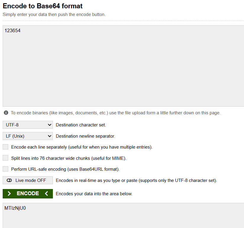 Base64encode.org tool showing MTIzNjU0 as the base64 encoding of PIN 123654