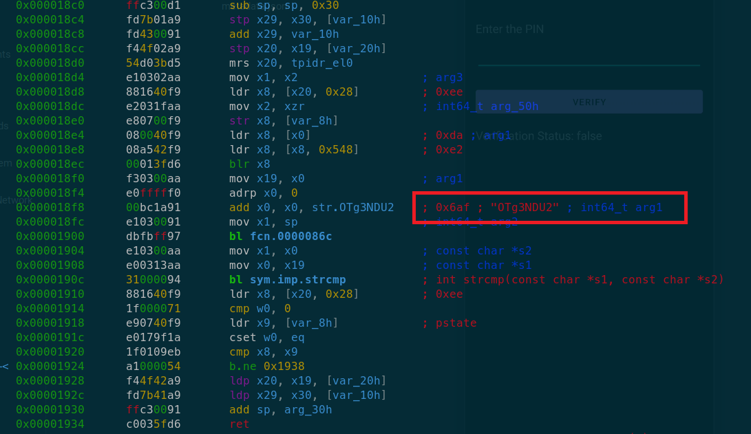 Radare2 disassembly of getEncryptedData JNI function showing OTg3NDU2 string loaded into x0 before function call