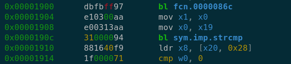 Radare2 disassembly showing strcmp call after processing the OTg3NDU2 string argument