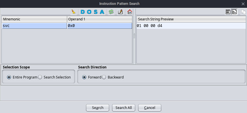 Ghidra Program Text search dialog configured to find SVC instructions in all blocks