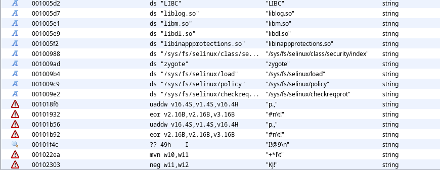 Ghidra strings section showing encrypted random characters instead of plaintext su paths