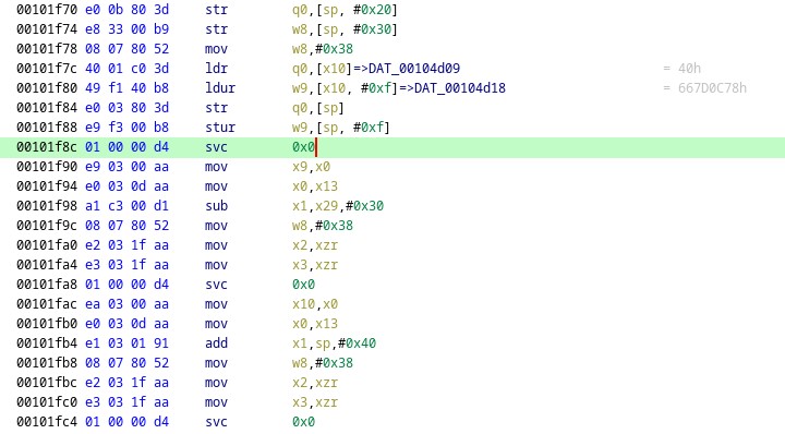 Ghidra disassembly showing SVC 0x0 supervisor call instructions spread throughout binary