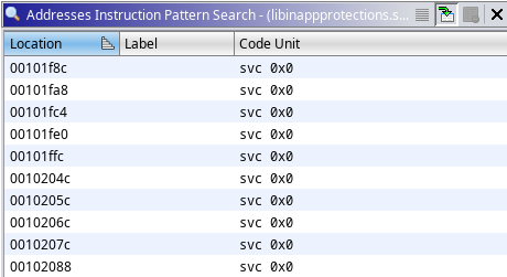Ghidra search results listing all SVC instruction offsets in the binary