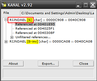 PEiD KANAL plugin output showing detected AES S-Box and Rijndael encryption constants