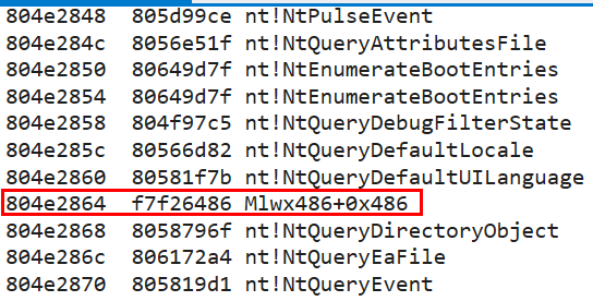 WinDbg dps KiServiceTable output showing SSDT entries with one hooked to malicious function at offset 0x486