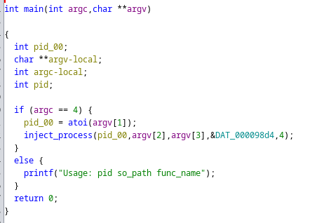 addk ELF binary main function for process injection