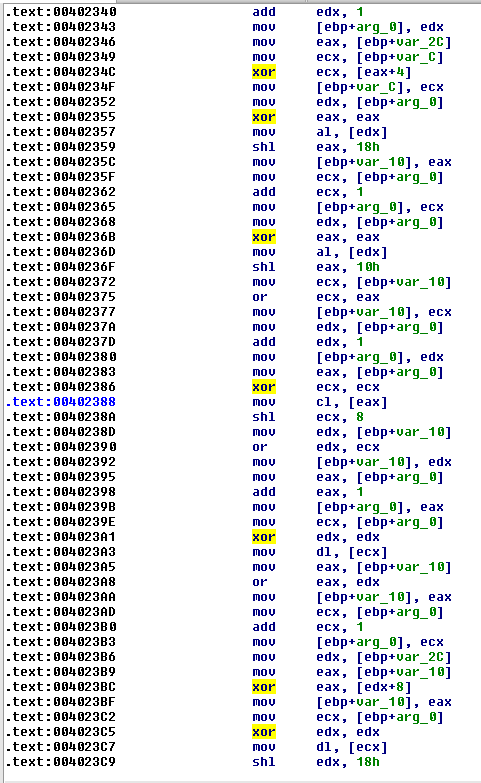 IDA Pro assembly snippet of an XOR encoding routine with loop structure