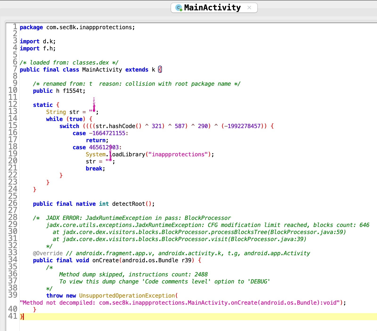 JADX decompiled MainActivity.java showing obfuscated code and System.loadLibrary call