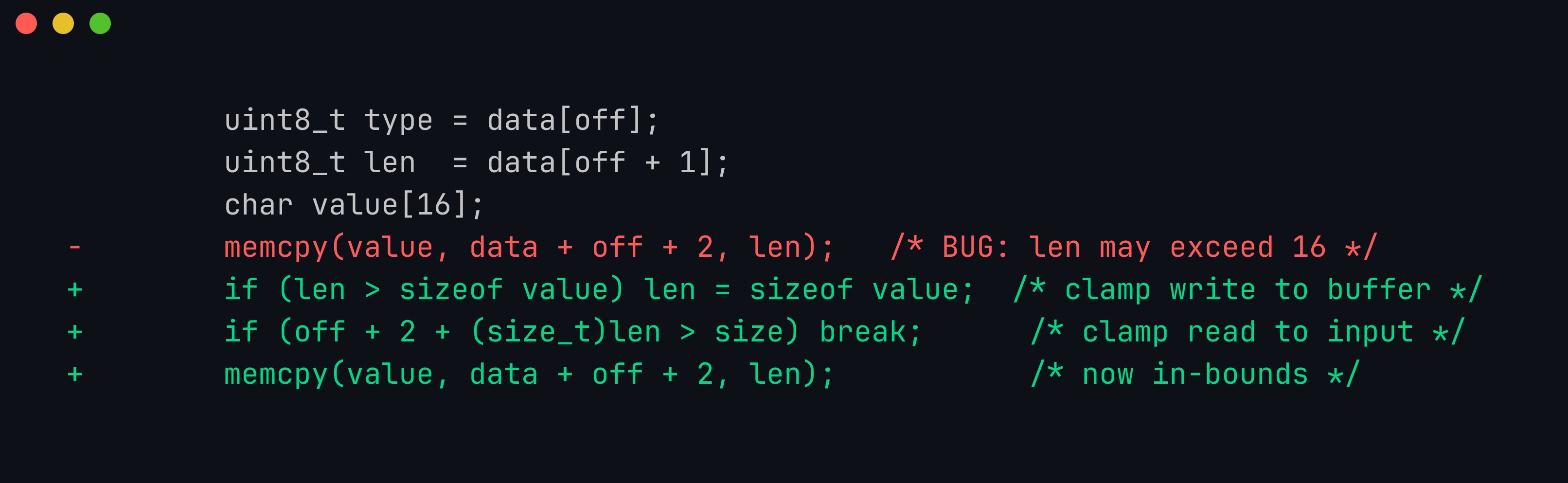 Diff of target.c adding a length clamp and an input bounds check before the memcpy that caused the stack-buffer-overflow