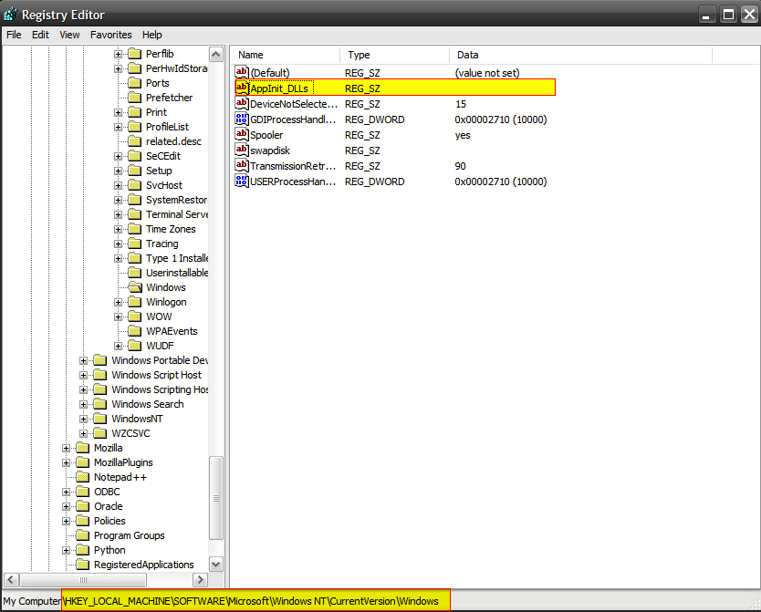 AppInit_DLLs registry key value before malware modification