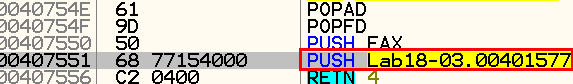 OllyDbg assembly showing POPAD restoring registers followed by the tail jump to the original OEP