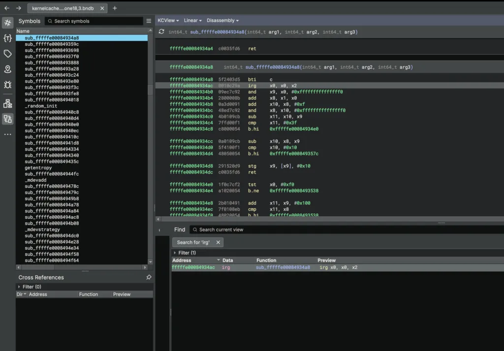 Binary Ninja function implementing MTE tag initialization (IRG-STG)