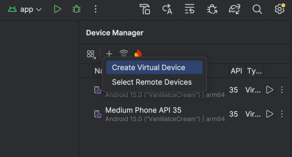 Android Studio Device Manager showing Tools menu navigation