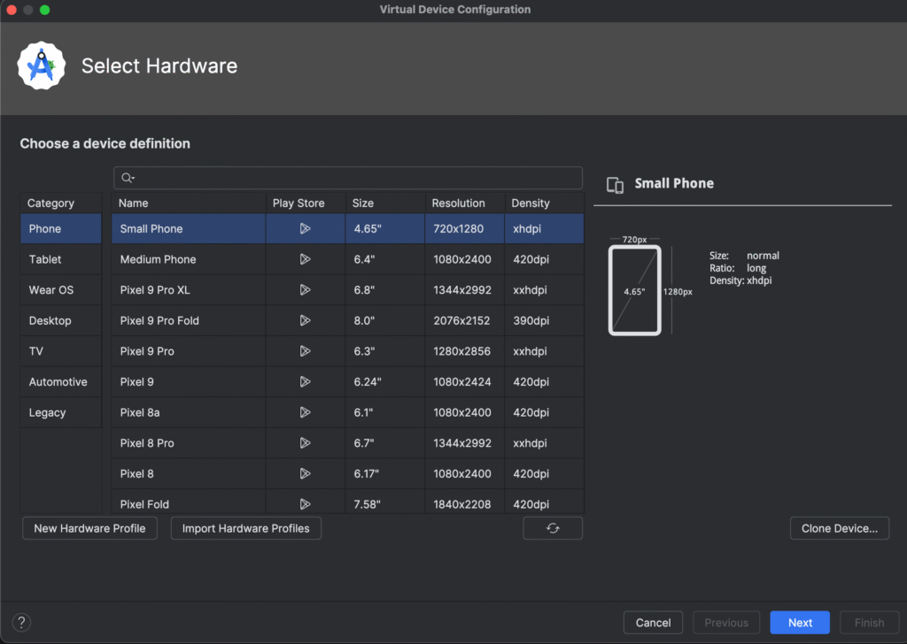 Android Studio Create Device dialog showing Small Phone device profile selection
