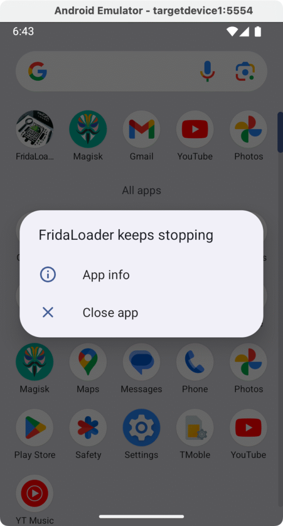FridaLoader app crashing on unrooted emulator due to missing root access