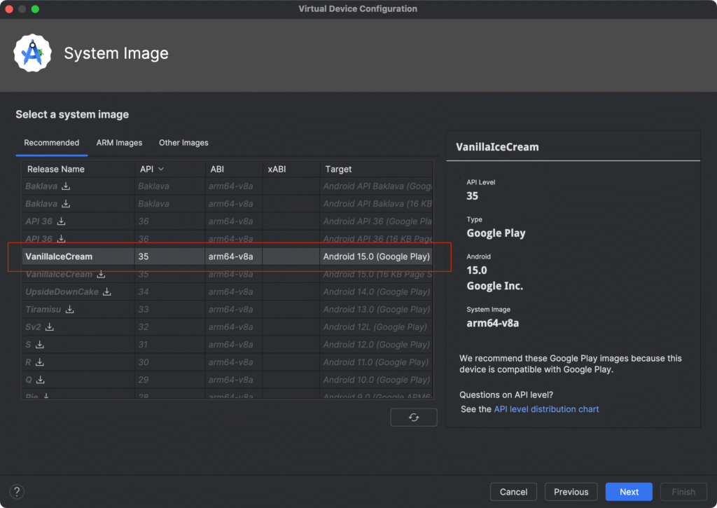 Android Studio system image selection showing API 35 with Google Play for ARM64